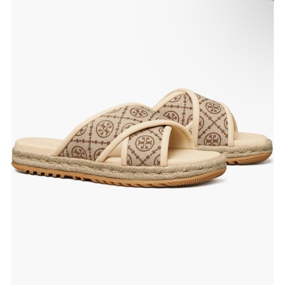 Tory Burch T Monogram Crisscross Espadrille Cream Slide Sandals Size 9 New - Picture 1 of 6